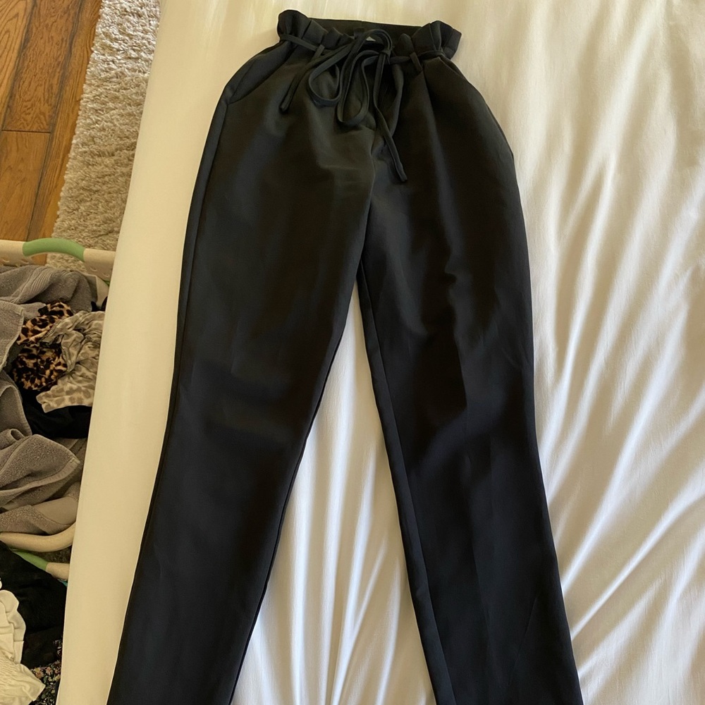 Missguided black paper bag pants with tie waist